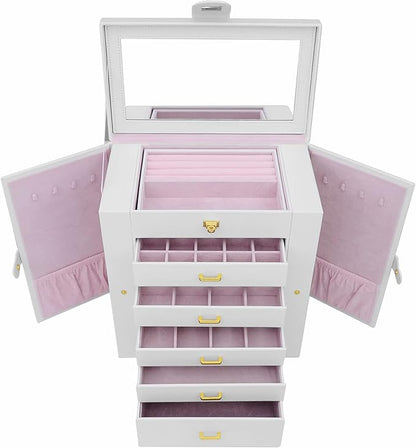 AKOZLIN Extra Large 6-Tier Jewelry Box Organizer with Mirror, 5 Drawers Leather Jewelry Storage Case for Women Girls Ring Necklace Earring Bracelet White