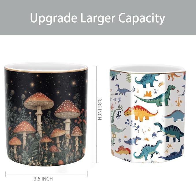 WAVEYU Pen Holder, Pencil Cup for Desk, Cute Makeup Brush Holder, Durable Ceramic Organizer Decor for Room, Office, Classroom, Cute Mushroom Pattern