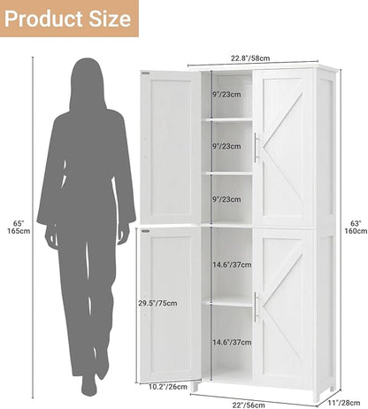 Akxomel Tall Bathroom Storage Cabinet, 11 x 22.8 x 63 Inches, Floor Cabinet with Barn Doors, Adjustable Shelf, Linen Pantry Cabinet for for Kitchen, Laundry Room, Living Room, Entryway, White
