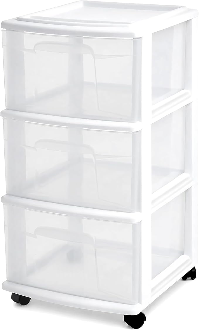 HOMZ 3-Drawer Storage Cart, Plastic Home, Dorm, & Office Organizer, White Frame
