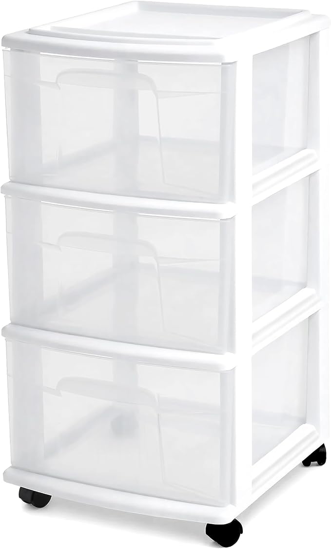 HOMZ 3-Drawer Storage Cart, Plastic Home, Dorm, & Office Organizer, White Frame