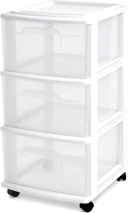 HOMZ 3-Drawer Storage Cart, Plastic Home, Dorm, & Office Organizer, White Frame