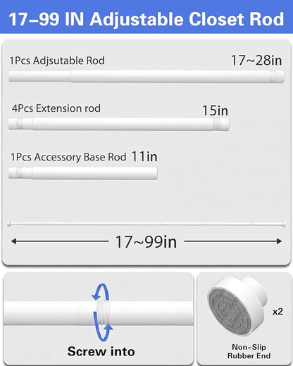 No Drilling Closet Rods for Hanging Clothes, Non Slip Tension Rod with Heavy Duty Clothes Hanging Rod, 17-99 Inches Adjustable Spring Closet Rod for Closet Wardrobe Bathroom Laundry RV, White