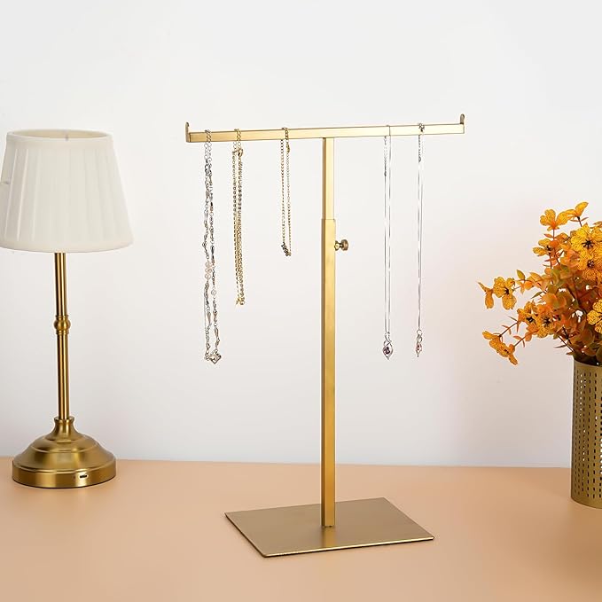 Display Stand Stainless Steel Jewelry Towers Bag Stand Tabletop Double Hook Hanging Jewelry Stands for Necklaces Organizer Stand Adjustable Height Home Store Boutique, Gold