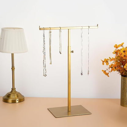 Display Stand Stainless Steel Jewelry Towers Bag Stand Tabletop Double Hook Hanging Jewelry Stands for Necklaces Organizer Stand Adjustable Height Home Store Boutique, Gold