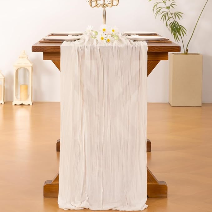 Socomi 6pcs Ivory White Cheesecloth Table Runner Valentine's Day Boho Rustic Gauze 120 inch 10FT Cheese Cloth Runner for Wedding Party Baby Shower Birthday Home Decor Holiday Decorations