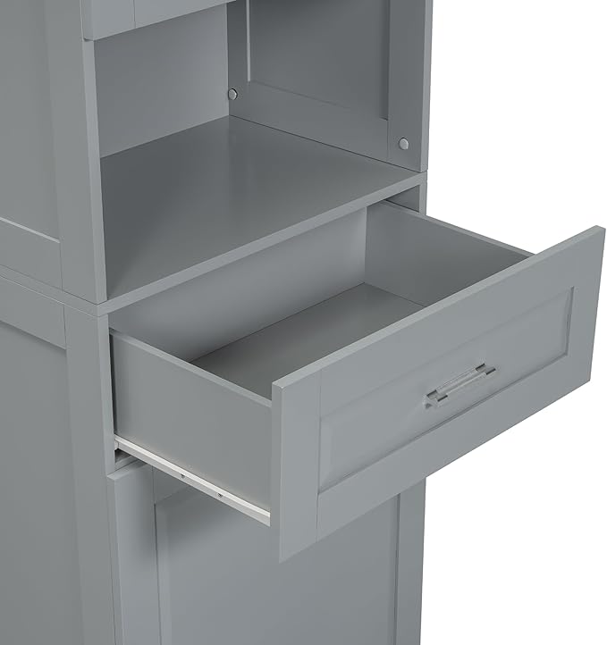 70" Tall Bathroom Storage Cabinet with Two Doors and Drawer, Open Space and Laundry Hampers for Home Display Organizer, Removable Laundry Basket, Adjustable Shelf, Gray
