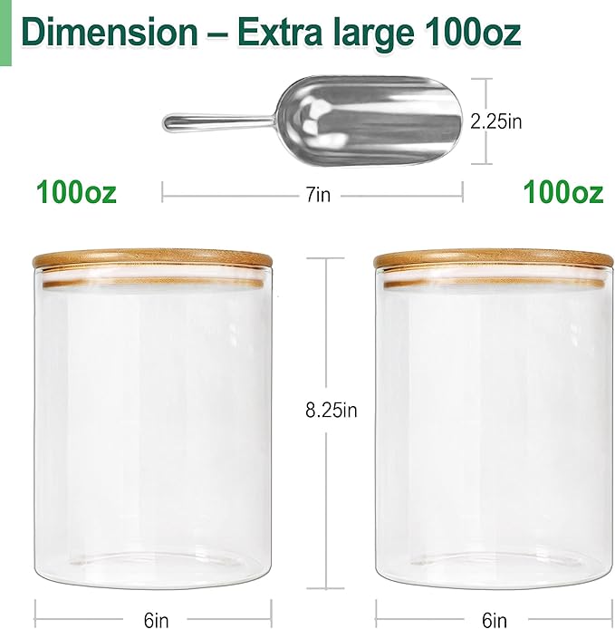 Urban Green Glass Jars with Airtight Lids, Airtight Glass Canisters with Locking Lids, (Bamboo 100oz)
