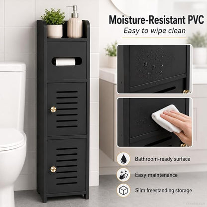 Toilet Paper Holder Stand, Small Bathroom Storage Cabinet with Doors and Toilet Paper Storage, Slim Floor Standing Shelf for Small Spaces,Toilet Storage Cabinet for Bathroom,Black