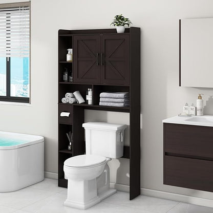 Vabches Over The Toilet Storage Cabinet, Farmhouse Storage Cabinet Over Toilet with 2 Barn Door & Toilet Paper Holder Stand，Home Space-Saving Toilet Rack, for Bathroom, Restroom, Laundry