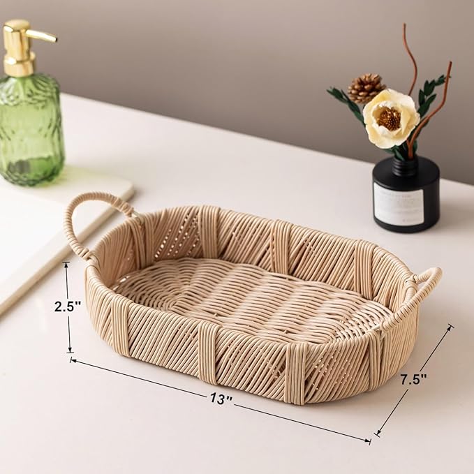 Hand-Woven Rattan-Style Storage Basket with Handles, Beige Oval Organizer Tray for Bathroom Kitchen Living Room | Fruit, Snack, Cosmetic & Toiletries Organizer | Decorative Multi-Purpose Basket
