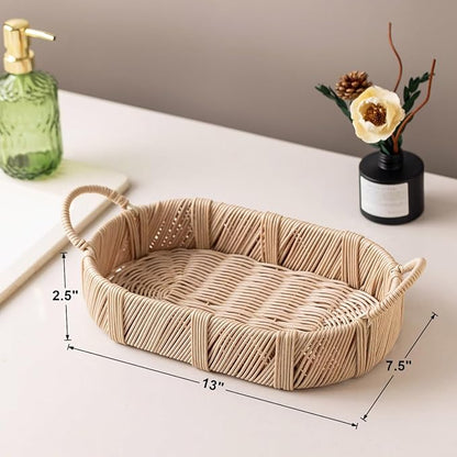 Hand-Woven Rattan-Style Storage Basket with Handles, Beige Oval Organizer Tray for Bathroom Kitchen Living Room | Fruit, Snack, Cosmetic & Toiletries Organizer | Decorative Multi-Purpose Basket