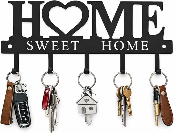Key Holder Hooks Organizer Hanger Rack Wall Mounted Sweet Home Metal Decor Stylish and Practical for Entryway Front Door Kitchen Hallway Garage Mudroom Office 9.8inches/25cm Hardward Included Black