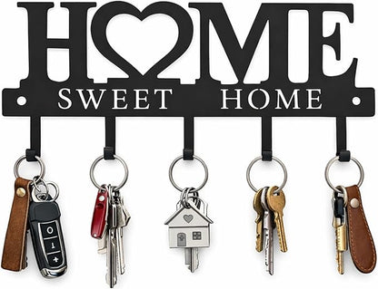 Key Holder Hooks Organizer Hanger Rack Wall Mounted Sweet Home Metal Decor Stylish and Practical for Entryway Front Door Kitchen Hallway Garage Mudroom Office 9.8inches/25cm Hardward Included Black