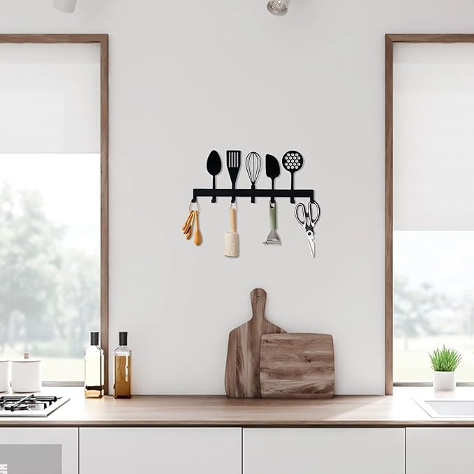 Metal Key Holder, Wall Mounted Key Hooks, Key Holder for Wall, Key Organizer Rack with 7 Hooks, Key Hanger Decor for Kitchen, Entryway, Hallway, Bedroom, Doorway (Cookware 12IN)