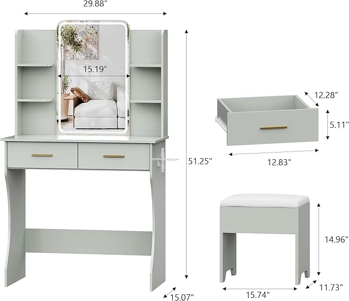 Small Vanity Desk with Mirror and Lights, Makeup Vanity with LED Lights, Green Vanity Mirror with Lighted Desk and Chair, 3 Lighting Adjustable Compact Dressing Table with Mirror for Women, Girls