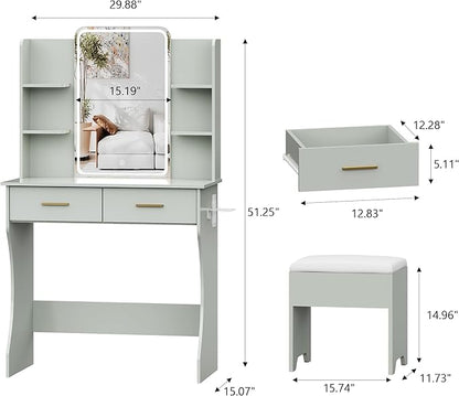Small Vanity Desk with Mirror and Lights, Makeup Vanity with LED Lights, Green Vanity Mirror with Lighted Desk and Chair, 3 Lighting Adjustable Compact Dressing Table with Mirror for Women, Girls