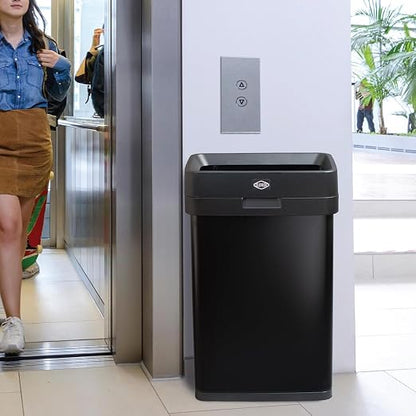 Clorox 13 Gallon Trash Can - 50L Slim Open Top Garbage Bin for Commercial Spaces, Kitchen, Office - Narrow Rectangular Black Stainless Steel Body with Hinged Rim Protection