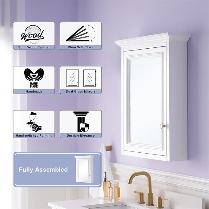 WELLFOR 24 x 30-in Bathroom Cabinet with Double-Side Mirrors, Wall Mounted Wood Mirror Storage Cabinet with 1 Soft-Close Door/2 Solid Wood Shelves, Anti-Fog Glass, Single Left Opening, White