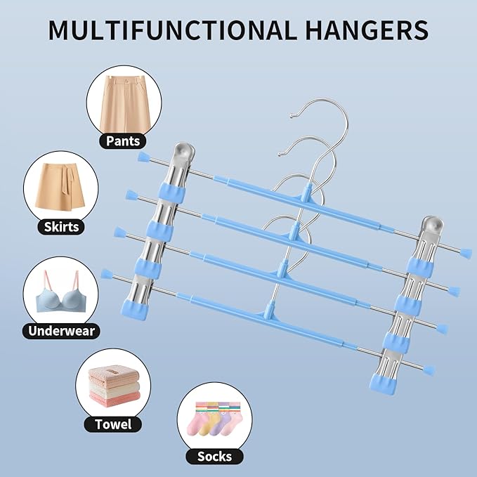 Pants Hangers with Clips 10PACK Adjustable Skirt Hangers for Women Metal Non-Slip Trousers Hanger Heavy Duty Space Saving Clothes Hanger for Shorts,Jeans,12Inch Sky Blue