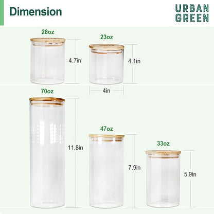 Urban Green Glass Jars with Airtight Lids, Airtight Glass Canisters with Locking Lids, (Bamboo-20oz-30oz)