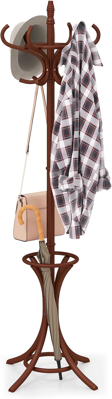 Giantex Solid Wood Coat Rack, Freestanding Hanger Stand w/12 Hooks, Umbrella Holder, Entryway Hall Tree for Coat, Hats, Scarves, Bags, Wooden Garment Rack for Bedroom, Hallway (Reddish Brown)