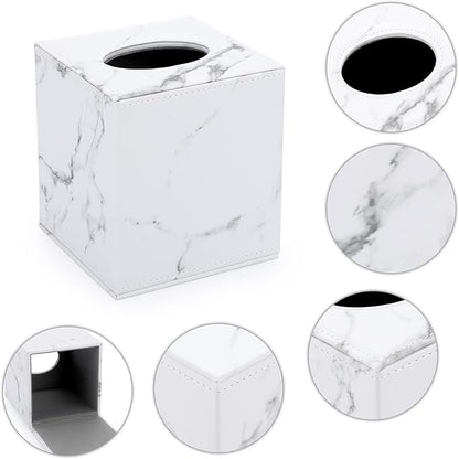 Sumnacon Square Leather Tissue Box Cover - Stylish Cube Tissue Box Holder with Magnetic Bottom, Decorative PU Tissue Box for Vanity Dresser Night Stand Table Countertop Home Office Car, Marble White