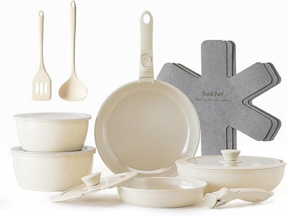 Redchef Ceramic Pots and Pans Set, Nonstick Kitchen Cookware Set with Detachable Handle, Non Toxic Cookware Set 16pcs, PFAS PFOA & PTFE Free, RV Ceramic Cookware for Camping, Dishwasher/Oven Safe