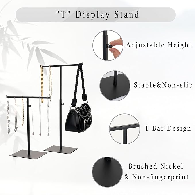 Display Stand Stainless Steel Jewelry Towers Bag Stand Tabletop Double Hook Hanging Jewelry Stands for Necklaces Organizer Stand Adjustable Height Home Store Boutique, Black