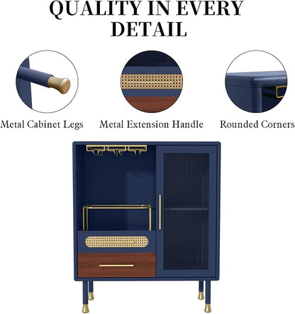 ARTPOWER Modern Coffee Bar Cabinet with Wine Glass Rack and Drawers, Blue Liquor Cabinet with Pull-Out Wine Storage for Kitchen, Dining Room, Living Room