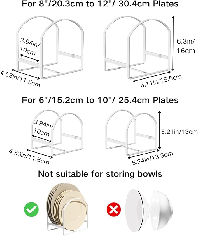 4 Pack Kitchen Plate Holder Organizer for Cabinet Space Saver Dinner Dish Storage Rack Upright Dish Drying Racks Metal Plate Dish Racks Stand for Cupboard and Countertop 2 Large 2 Small White