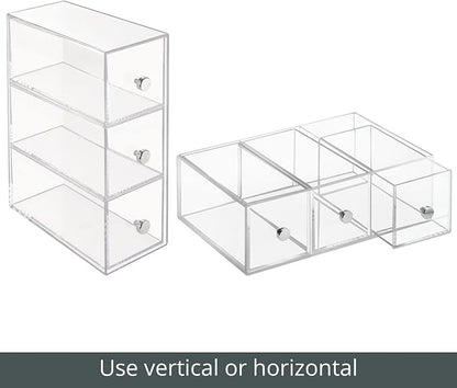 mDesign Plastic Kitchen Pantry Stackable Storage Organizer Container Station with 3 Drawers for Cabinet, Countertop, Holds Coffee, Tea, Sugar Packets, Creamers - Lumiere Collection - Clear