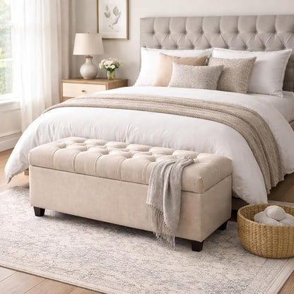 Homepop Home Decor | Tufted Ainsley Button Storage Ottoman Bench with Hinged Lid | Ottoman Bench with Storage for Living Room & Bedroom, Cream 18x40x18 inches