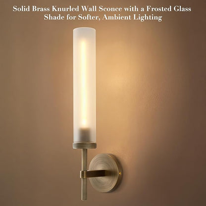 Modern Hardwired Frosted Glass Bathroom Wall Sconces, Handmade Knurled Brass Wall Light Fixture,Modern Vanity Light for Living Room,Hallway, Bedroom, 20" Indoor Wall Lamp, Bulb Included
