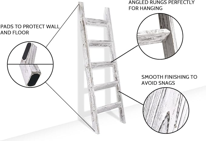 FUIN 5ft (58") Wood Blanket Ladder Living Room Decorative Wall Leaning Farmhouse Quilt Display Holder Wooden Towel Rack for Bathroom, Rustic White
