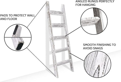 FUIN 5ft (58") Wood Blanket Ladder Living Room Decorative Wall Leaning Farmhouse Quilt Display Holder Wooden Towel Rack for Bathroom, Rustic White