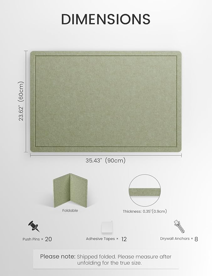 Fluxynara Bulletin Board,35.4" x 23.6" Cork Board Alternative with 12 Safe Removable Adhesive Tabs, Foldable Felt Pin Board for Home Office, Classroom, Bedroom,Entryway for Walls— Sage