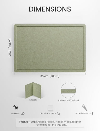 Fluxynara Bulletin Board,35.4" x 23.6" Cork Board Alternative with 12 Safe Removable Adhesive Tabs, Foldable Felt Pin Board for Home Office, Classroom, Bedroom,Entryway for Walls— Sage
