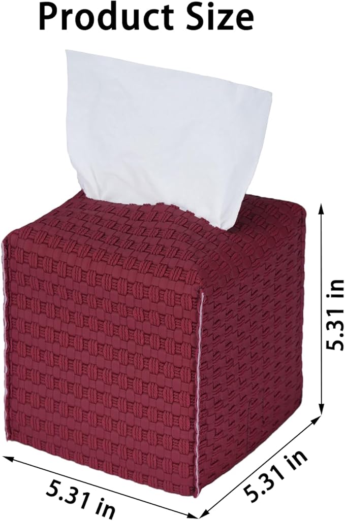 Tissue Box Cover 2-Pack, Square Tissue Holder with Bottom Belt, Modern Tissue Case Facial Paper Organizer Dispenser for Bathroom, Office, Home, Table, Car, Woven Pattern Red