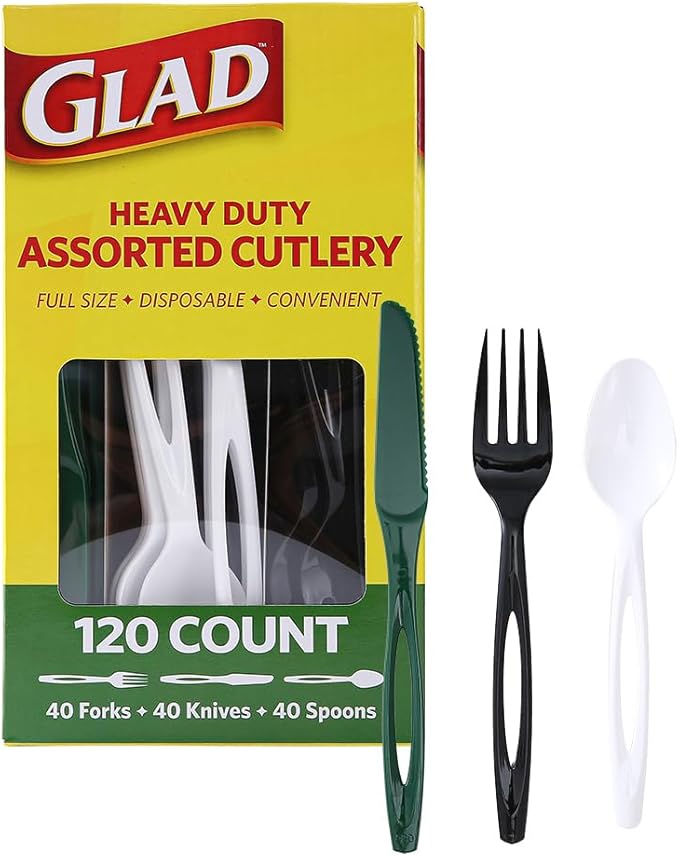 Glad Plastic Heavy Duty Forks, 120ct Green, White and Black Cutlery Forks, Knives, and Spoons| 120 Pieces Set of Heavy Duty Disposable Party Utensils and Sturdy Cutlery
