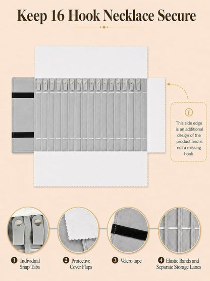 Portable Jewelry Roll Untangled Secure Necklace Travel Storage Bag Displays Holder 16 Chain (Black and Gray)