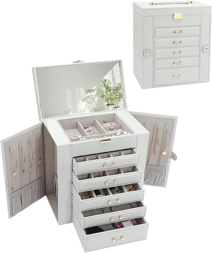 Large Jewelry Box,Jewelry Organizer Box with 5 Drawers,6-Tier Jewelry Boxes Organizers Jewelry Storage Case with Mirror,Extra Large Jewelry Boxes for Women(Grey)