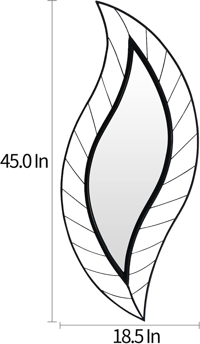 ironsmithn Decorative Wall Mirror, Leaf Teardrop Mirror with Metal Frame, 45" x 18.5" Black Wall Mounted Mirror for Bathroom Vanity Living Room Bedroom Fireplace