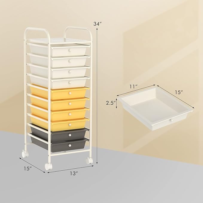 OFFICEJOY Storage Cart, Rolling Utility Cart with 10 Drawers, Portable Handles & Lockable Wheels, Mobile Paper Toys Storage Organizer Large Capacity for Home Office School Teacher (Yellow)
