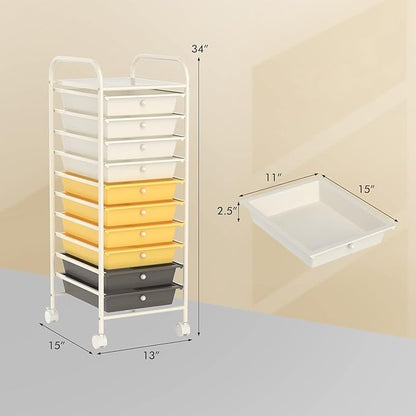 OFFICEJOY Storage Cart, Rolling Utility Cart with 10 Drawers, Portable Handles & Lockable Wheels, Mobile Paper Toys Storage Organizer Large Capacity for Home Office School Teacher (Yellow)