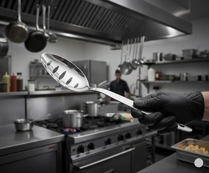 Chef Kunz Slotted Spoon | 18/10 Stainless Steel Serving Sauce Spoon | 9 Inches Plating Daily Chef Cooking Spoons (Slotted)