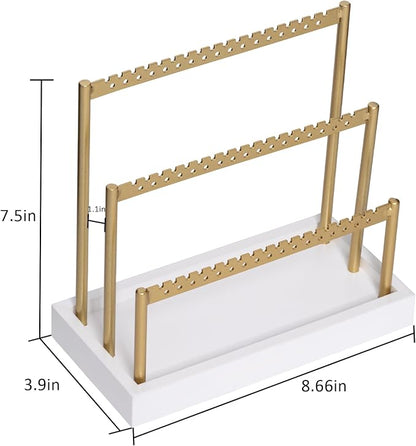 SANY DAYO HOME 3-Tier Earring Holder Organizer Stand, 105 Holes Gold Metal Earring Rack Jewelry Display Tree with White Wood Tray for Women and Girls