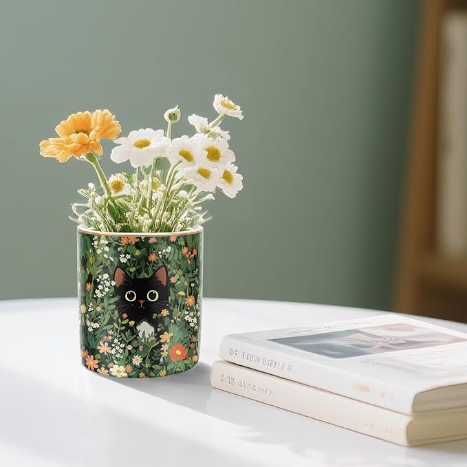 WAVEYU Pen Holder, Pencil Cup for Desk, Cute Makeup Brush Holder, Durable Ceramic Organizer Decor for Room, Office, Classroom, Cute Cat Pattern