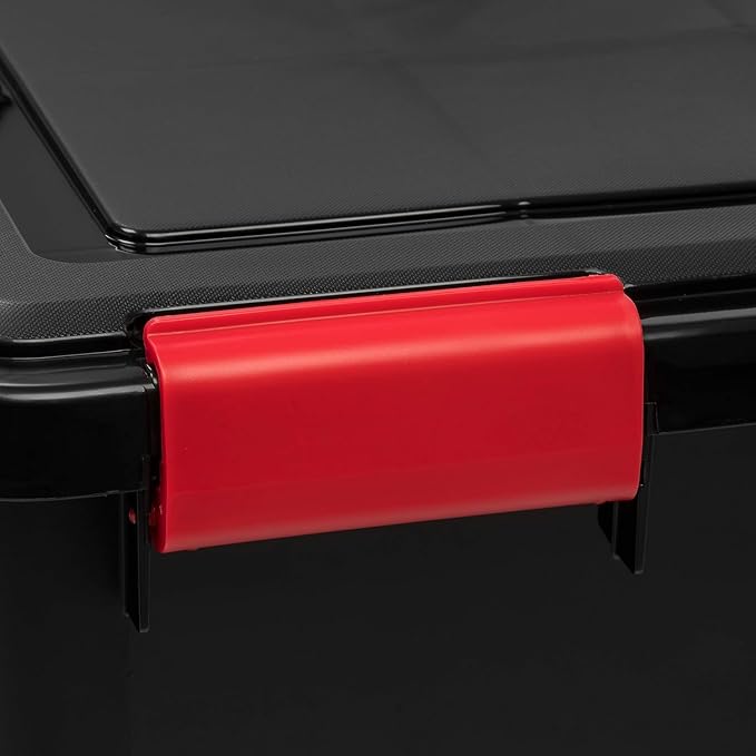 IRIS USA 3-Pack WeatherPro Gasket Box, 106 Quart Weather Resistant Storage Bins with Latching Lids, Heavy Duty Organizing Containers for Closet, Bathroom, and Office - Black/Red