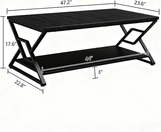 HOMISSUE Coffee Table, Rustic Rectangle Coffee Table with 2-Tier Storage, Engineered Wood Center Table with Open Shelves, Minimalist Coffee Table for Living Room, 47 Inch, Black